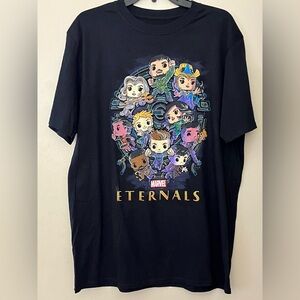 NWOT MARVEL ETERNALS Men’s Short Sleeve Black T W/ ETERNALS Cartoon On Front (L)